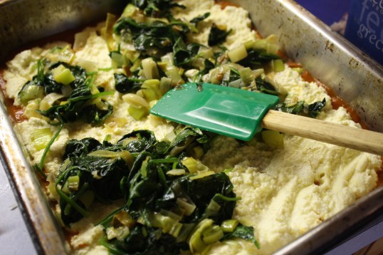 layer on your ricotta cheese mixture, then spinach mixture