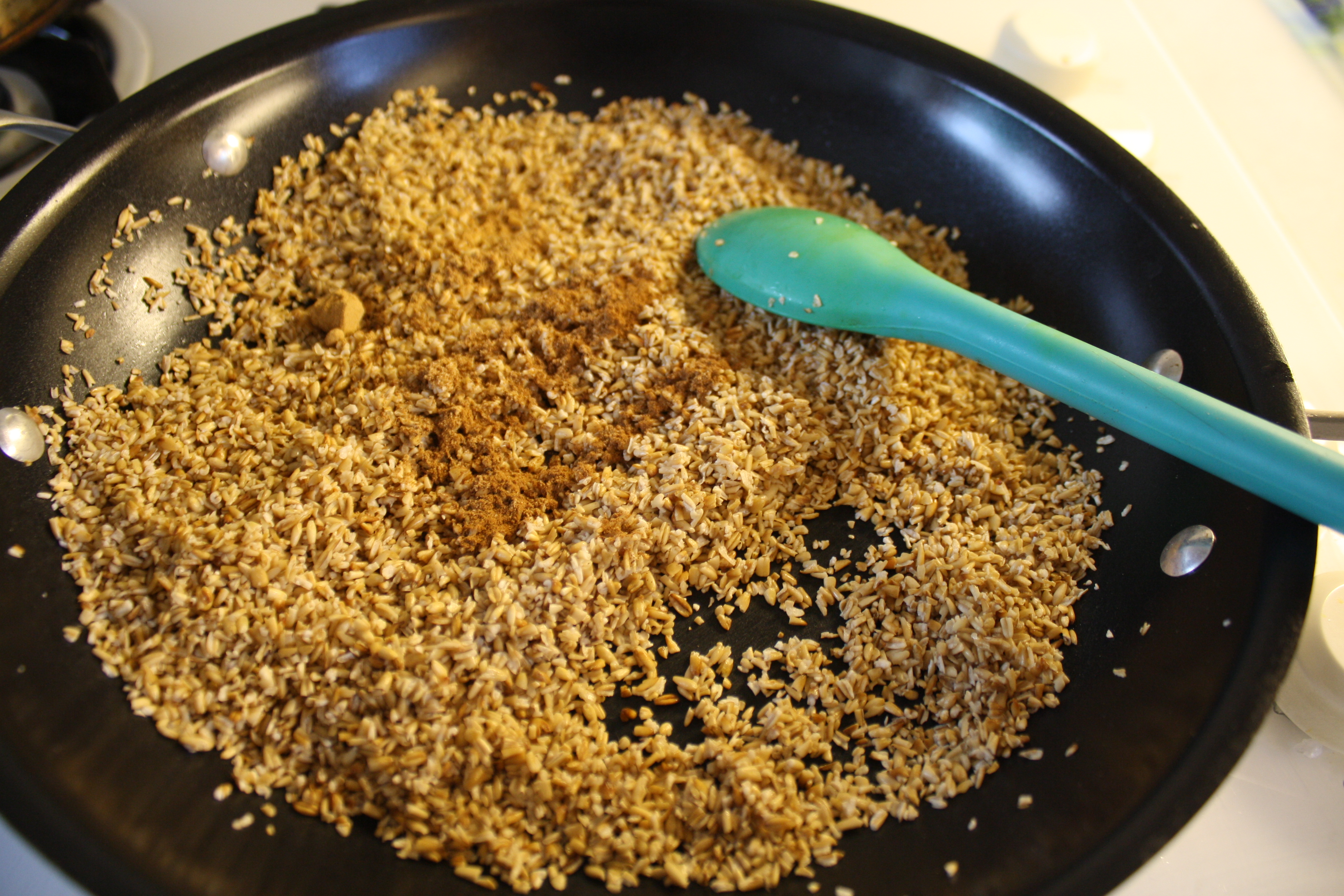 Saute oats in oil, add spices
